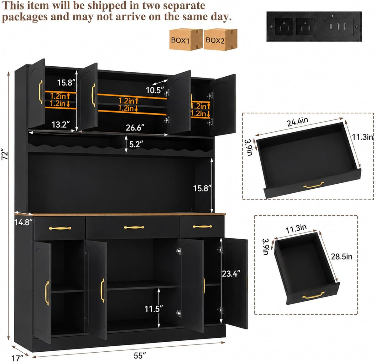 72" Tall Kitchen Pantry Cabinet with Charging Station 55" Wide Kitchen Hutch Cabinet with LED Light and Countertop Large Kitchen Cabinet with Adjustable Shelves and Wine Rack Black