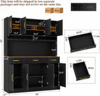 Black 72" Tall Kitchen Pantry Cabinet with Charging Station 55" Wide Hutch Cabinet with LED Light and Countertop Large Kitchen Cabinet with Adjustable Shelves and Wine Rack