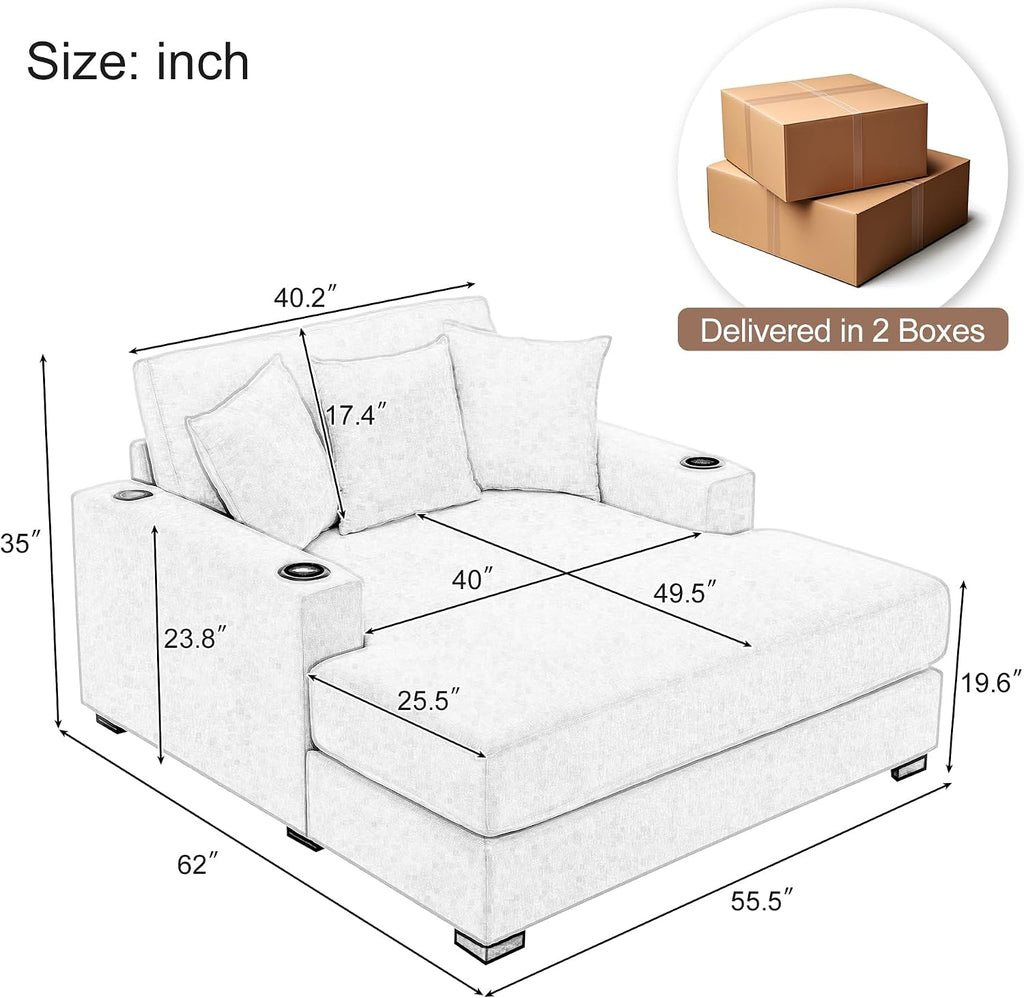 Merax Modern 55" Chaise Lounge with Pillow, Charge Station & Cup Holders,Upholstered Sofa Recliner Chair for Living Room Bedroom Cream