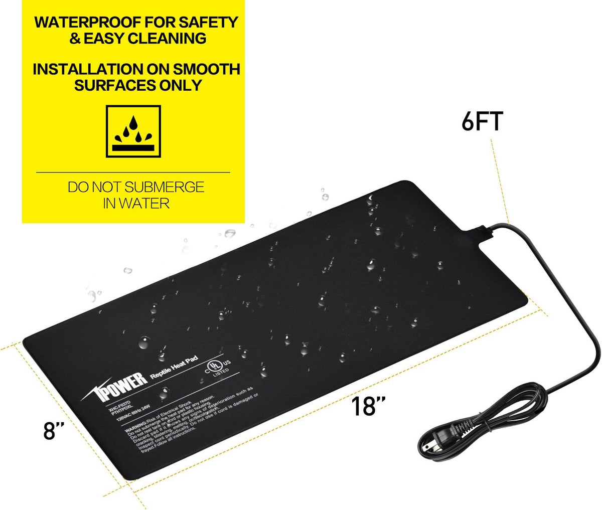 iPower 8 by 18-Inch 24W Reptile Heat Mat, Under Tank Warmer Terrarium Heat Pad for Turtles Lizards Frogs and Other Small Animals, Multi Sizes