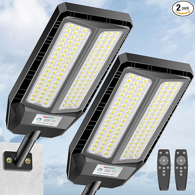5000W Solar Lights Outdoor - 7000K LED Solar Street Lights Outdoor with Motion Sensor and Remote Control, IP66 Waterproof, Dusk to Dawn for Yard, Patio, 2 Pack