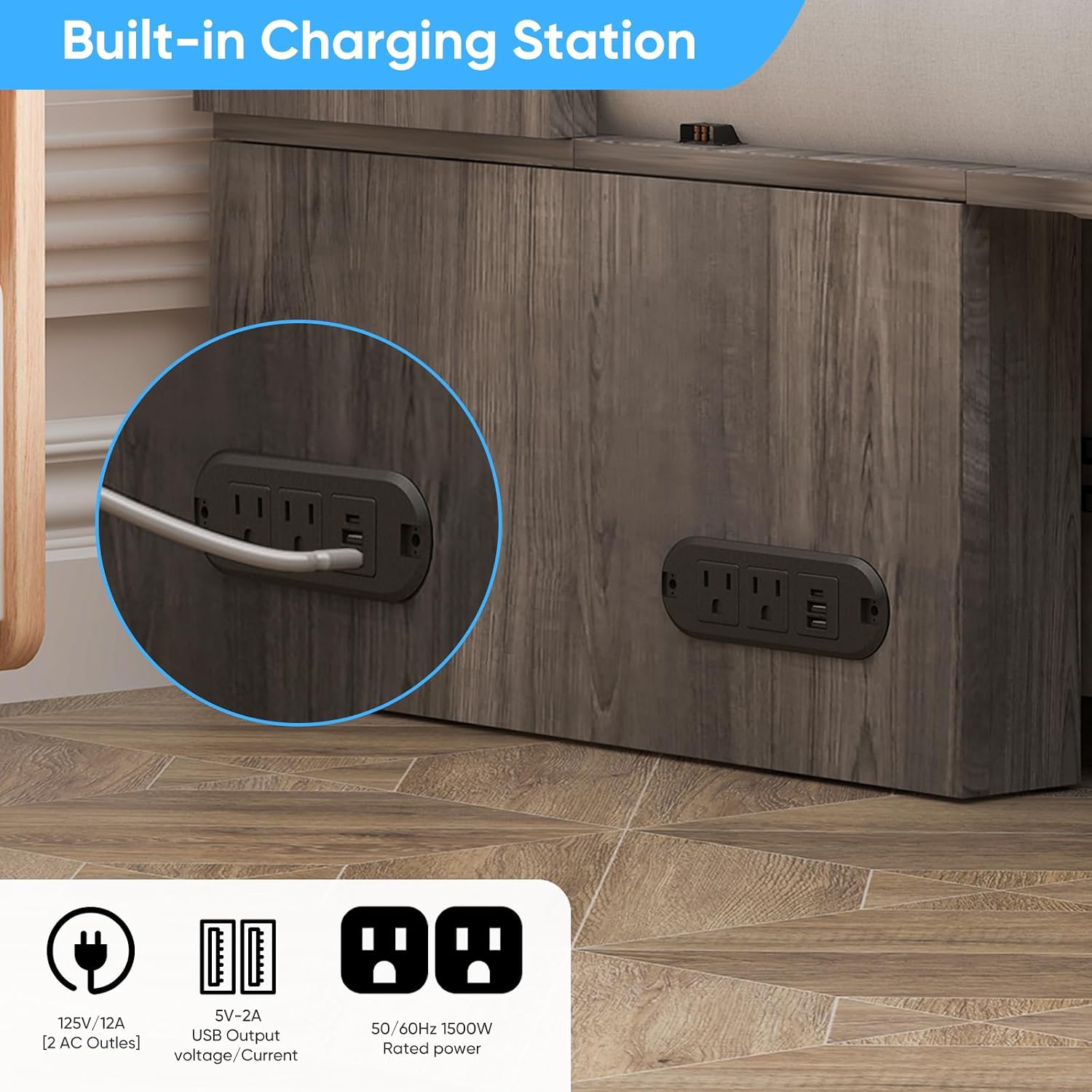 Mjkone 63" W Queen Murphy Bed, Cabinet Beds Queen Size with Built-in Charging Station and Drawer, Modern Cabinet Murphy Chest Bed, Hidden Guest Wall Beds, Space Saving - Grey (No Mattress)