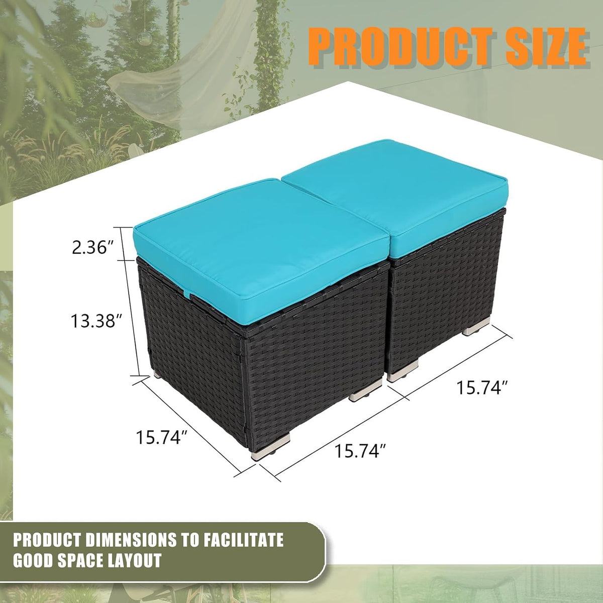 Wicker Outdoor Patio Ottoman - 2 Pack Outdoor Ottomans for Patio, Side Table with Storage, Removable Cushions Square Foot Rest Seating for Patio, Porch, Deck (Black-Blue)