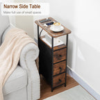 LOAKEKEL Narrow End Tables Living Room Set of 2 with Charging Station, Skinny Side Table with Fabric Drawers, Slim Nightstand for Bedroom, Small Spaces, Couch, Brown, HETNDP03BR