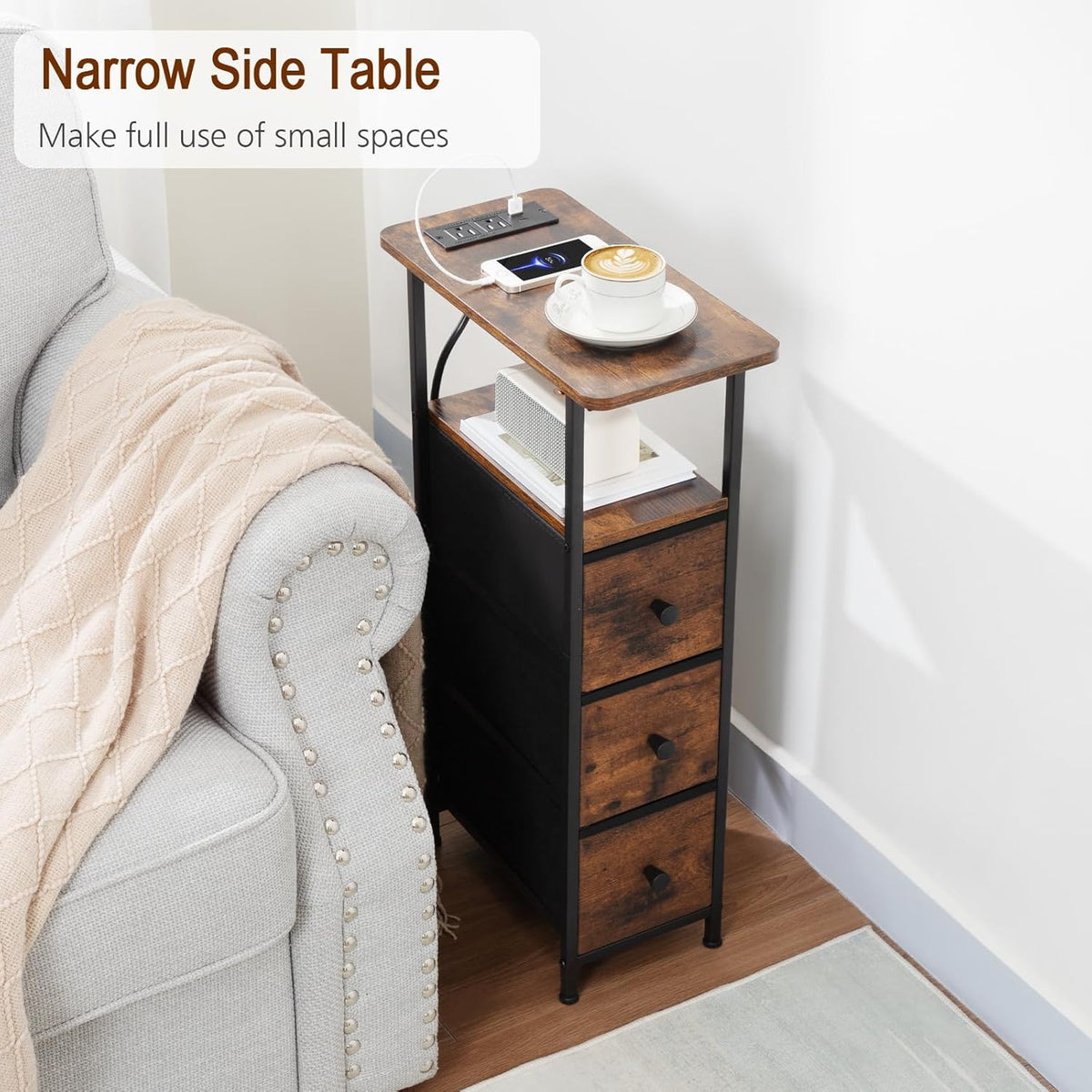 LOAKEKEL Narrow End Tables Living Room Set of 2 with Charging Station, Skinny Side Table with Fabric Drawers, Slim Nightstand for Bedroom, Small Spaces, Couch, Brown, HETNDP03BR