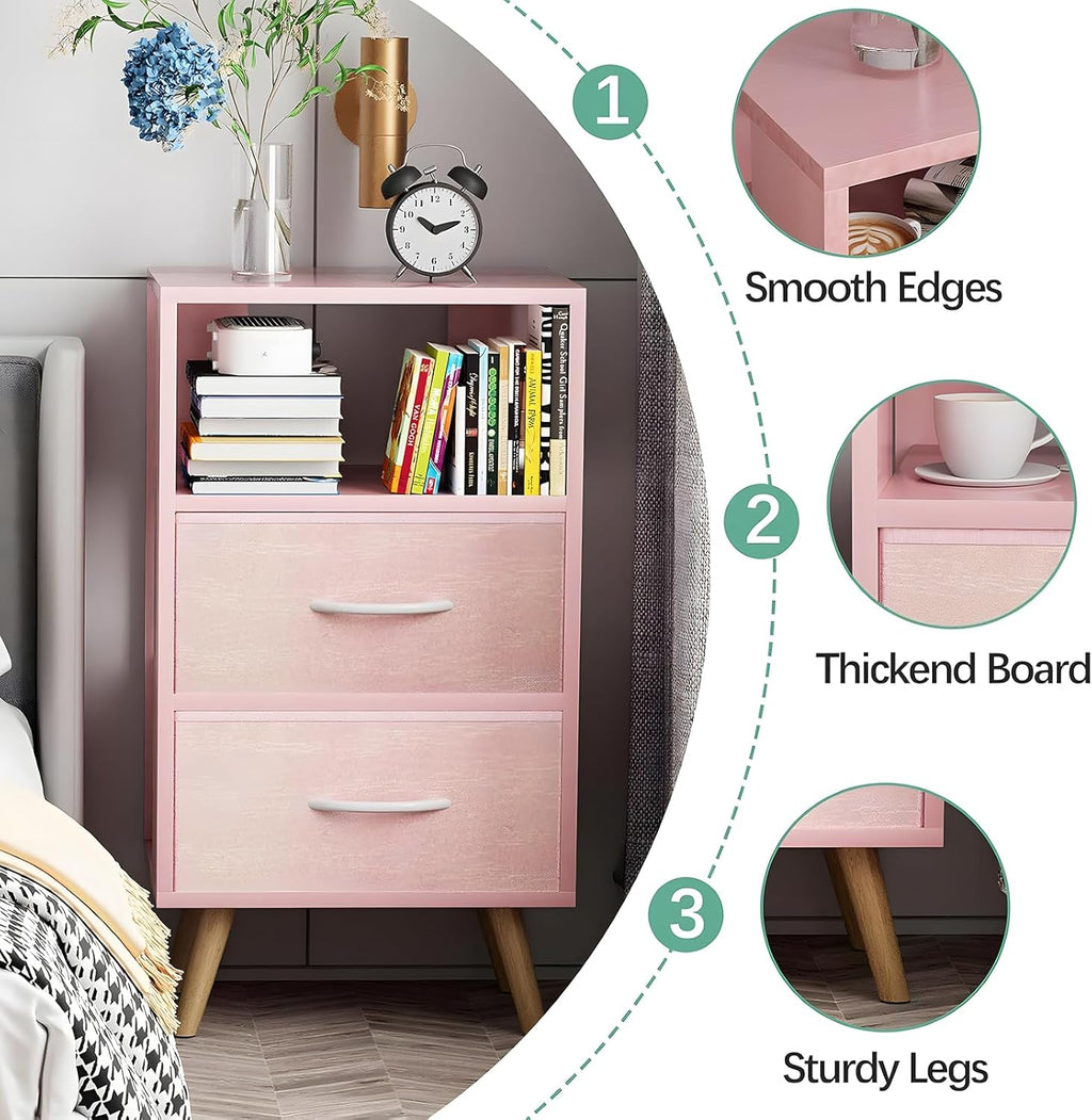 Aenuert Night Stand, Pink Nightstand with 2 Fabric Drawers, Wooden Side Table with Open Storage, 3-Tier Modern End Table, Bedside Table for Small Space, Living Room, Bedroom