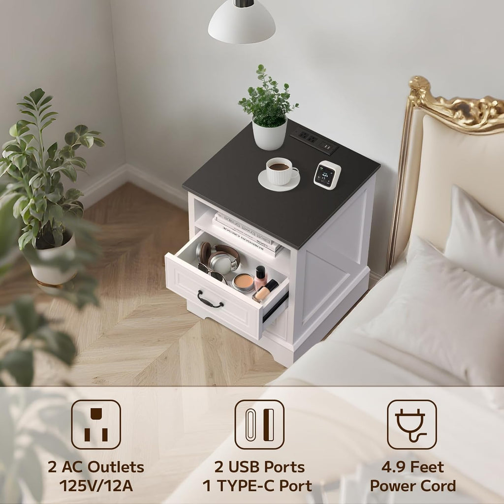 Eondon 18" Farmhouse Nightstand with Charging Station, 2 Drawers Bedside Table with Open Shelf, End Table with Storage Wood Rustic Bedside Cabinet Side Table for Living Room and Bedroom, White