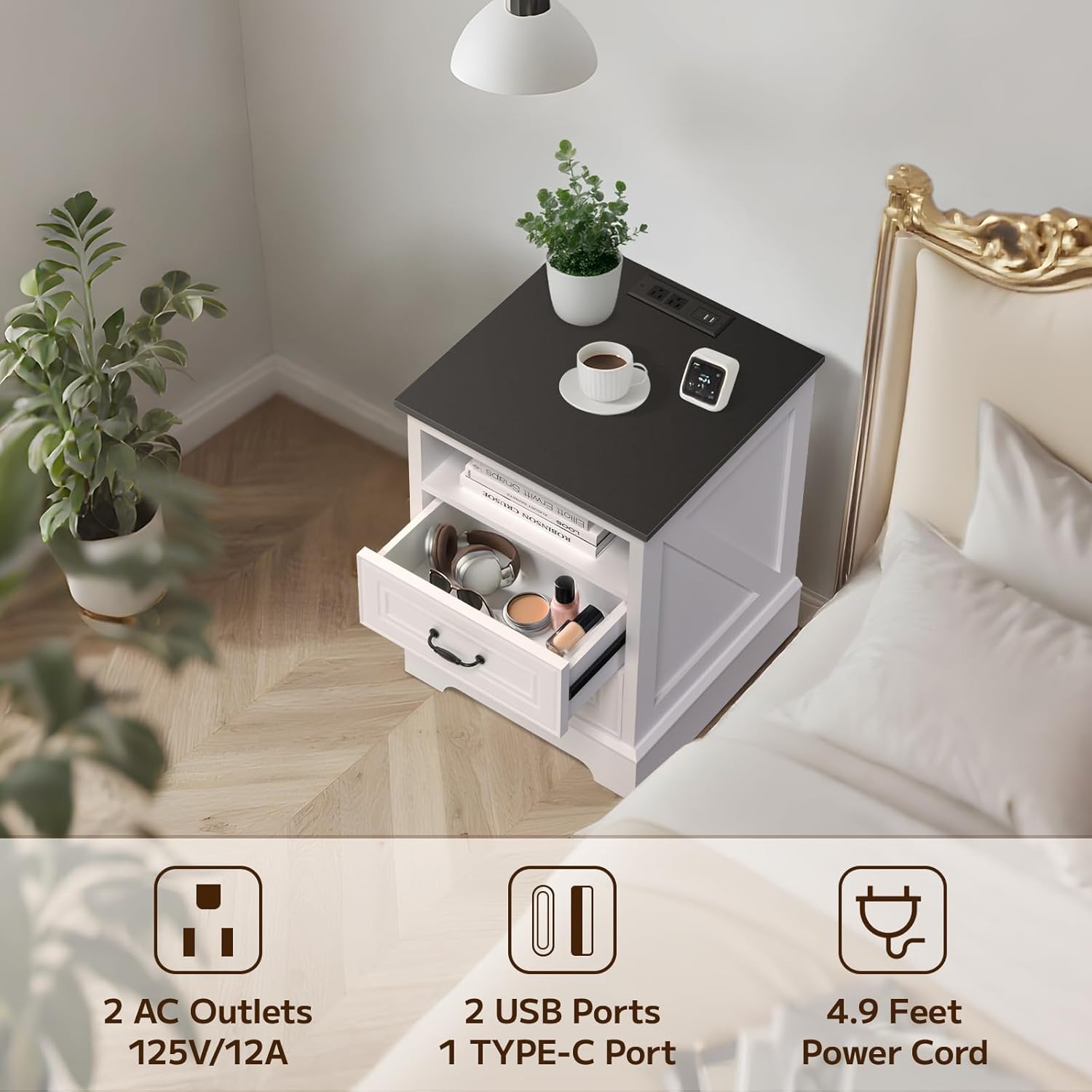 Eondon 18" Farmhouse Nightstand with Charging Station, 2 Drawers Bedside Table with Open Shelf, End Table with Storage Wood Rustic Bedside Cabinet Side Table for Living Room and Bedroom, White