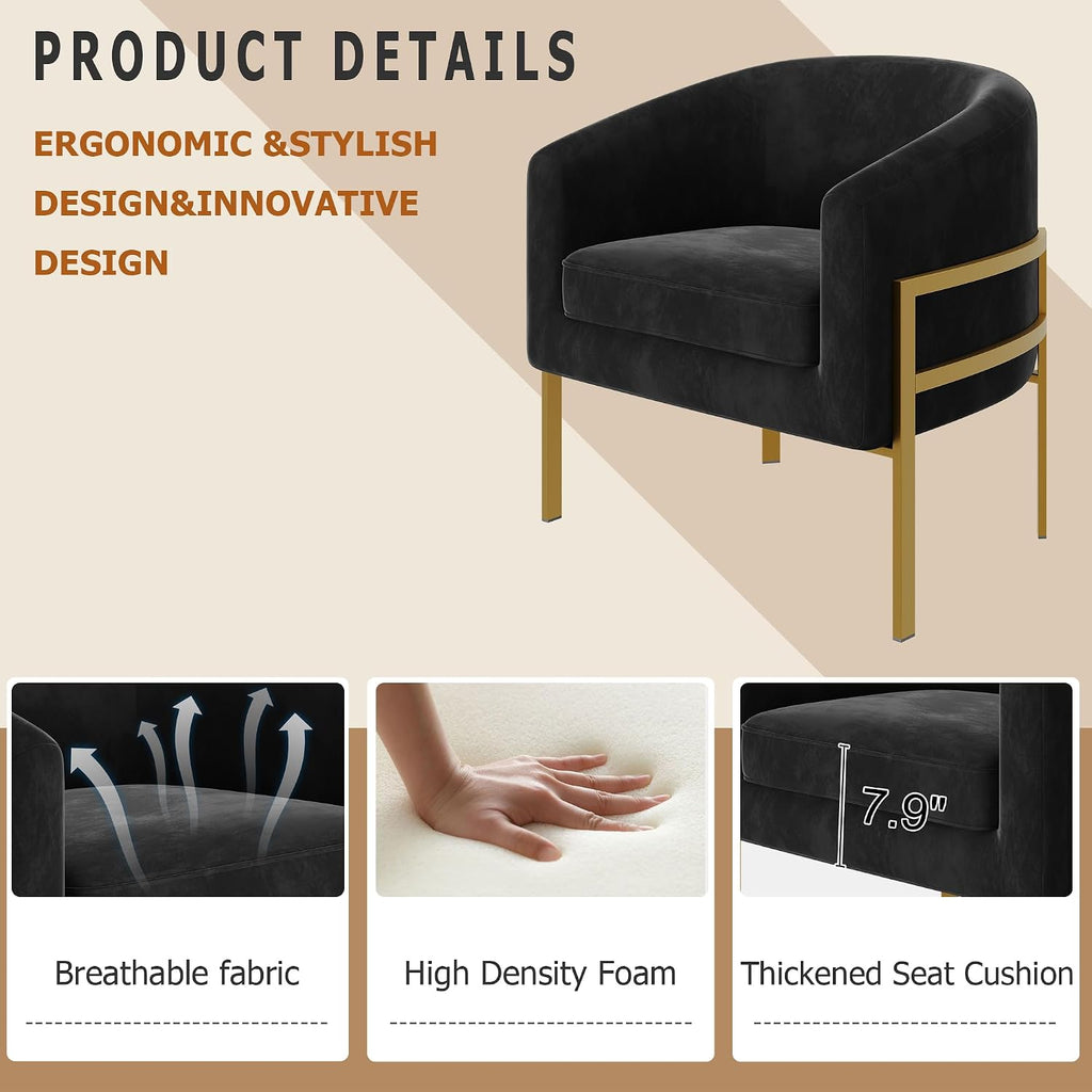 annjoe Accent Chair Barrel Chairs Upholstered Living Room Chair Arm Chairs with Metal Frame Legs for Home Kitchen Bedroom Black Set of 2