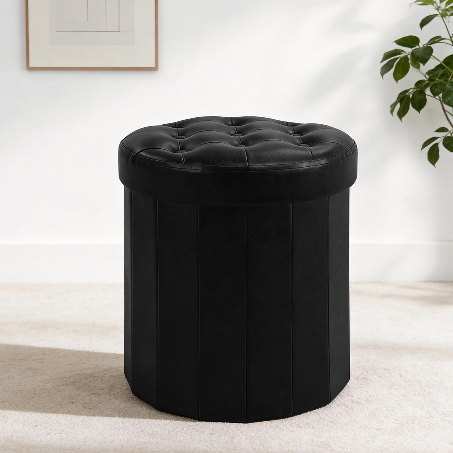 CAROLMADE Round Storage Ottoman, PU Leather Folding Footrest Stool with Thicker Foam Padded Seat, Versatile Vanity Stool for Living Room, Bedroom or Dorm, Black