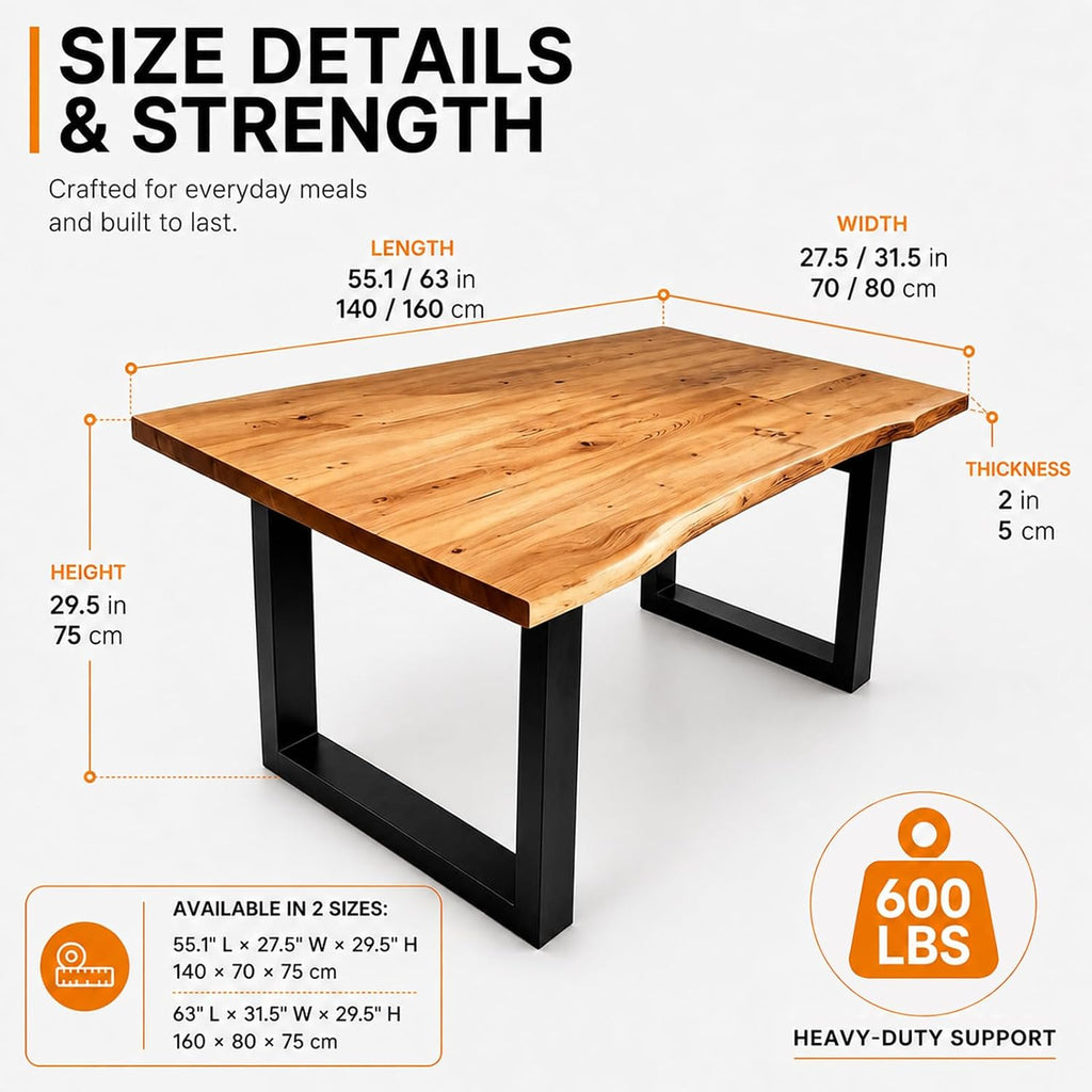 Farmhouse Live Edge Dining Table, Solid Wood Dining Table with 2" Table Top & Metal Base, Wood Slab Industrial Live Edge Desk for Kitchen & Dining Room 2,4,6 People (63 * 31.5 * 29.5IN)