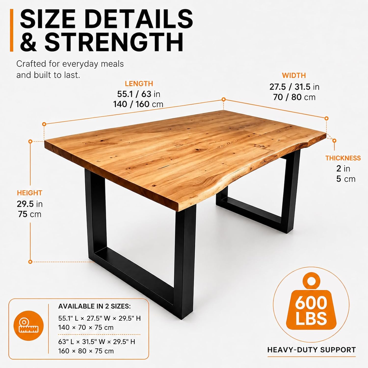 Farmhouse Live Edge Dining Table, Solid Wood Dining Table with 2" Table Top & Metal Base, Wood Slab Industrial Live Edge Desk for Kitchen & Dining Room 2,4,6 People (63 * 31.5 * 29.5IN)
