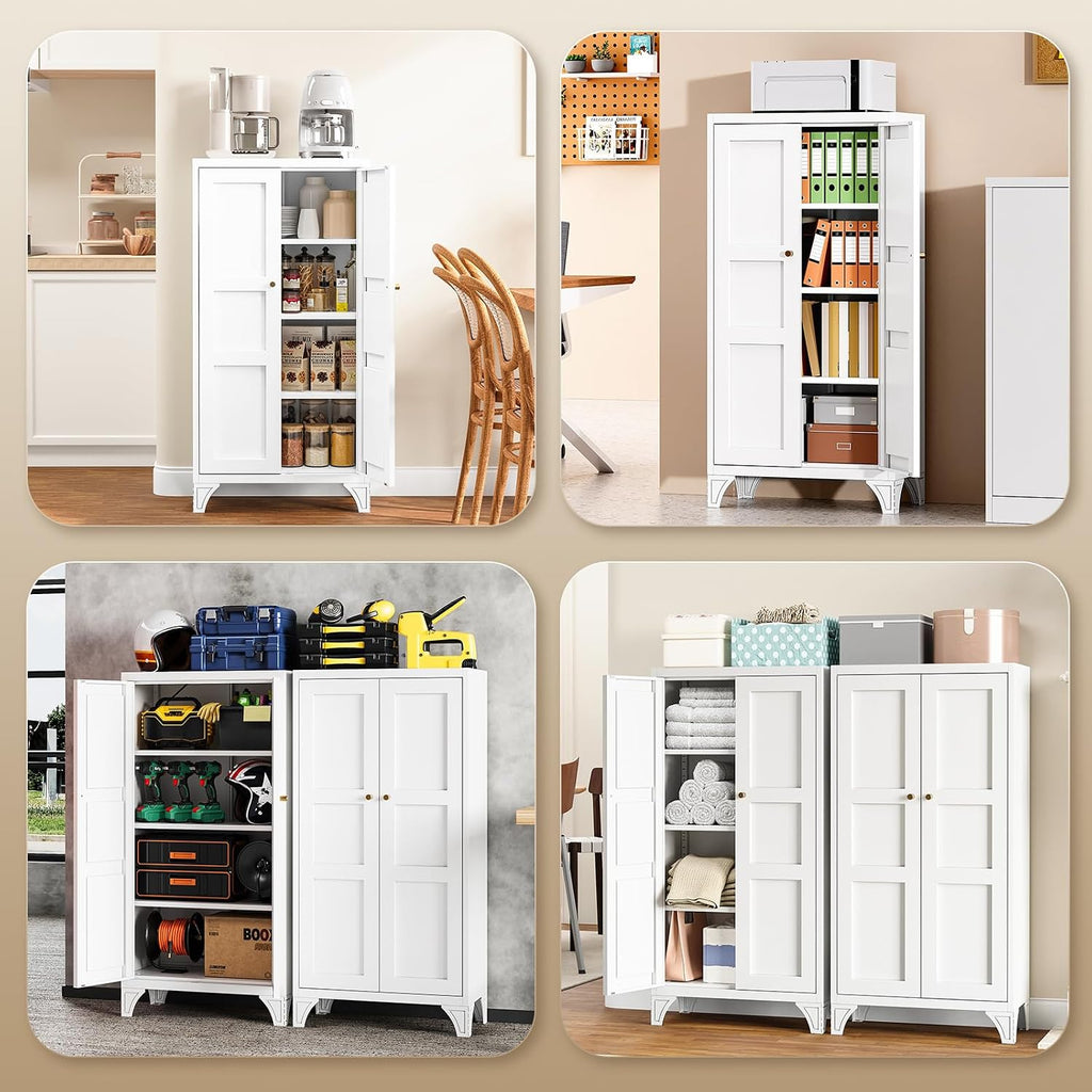 Yizosh Metal Storage Cabinet with Doors and 3 Adjustable Shelves - 47" White Kitchen Pantry Storage Cabinet Locker for Kitchen,Living Room,Dining Room