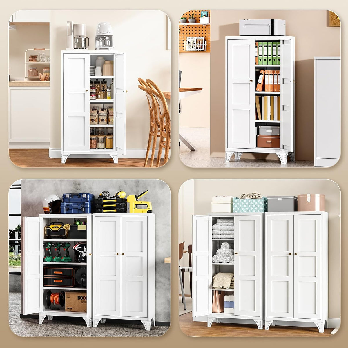 Yizosh Metal Storage Cabinet with Doors and 3 Adjustable Shelves - 47" White Kitchen Pantry Storage Cabinet Locker for Kitchen,Living Room,Dining Room