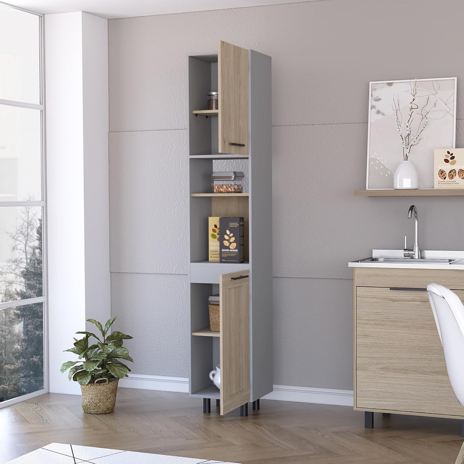 Devoux 2-Door 2-Shelf Kitchen Pantry Light Pine and Gray