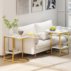 Giantex C Shaped End Table Set of 2, Modern Sofa Side Table with Faux Marble Tabletop & Storage Shelf, Slide Under Sofa Bed, 2-Tier Couch Table for Small Spaces Living Room Bedroom, White
