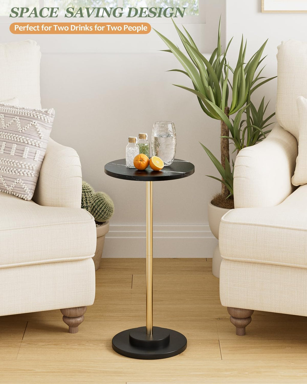 Round Side Table, Small Drink Table for Small Spaces, Modern Accent End Table with Metal Leg for Living Room, Bedroom, Corners, and Office (Black Marble)
