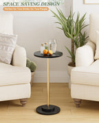 Round Side Table, Small Drink Table for Small Spaces, Modern Accent End Table with Metal Leg for Living Room, Bedroom, Corners, and Office (Black Marble)