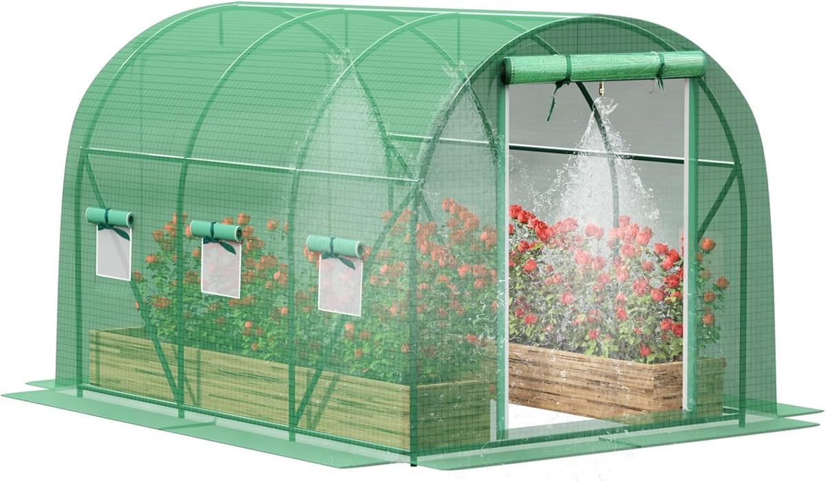 Greenhouse with Watering System, 12x7x7 Outdoor Greenhouse with 6 Mesh Windows and 1 Door, Easy Water and Irrigate Plants Green House (Green, 12x7x7 ft w/ Irrigation System)