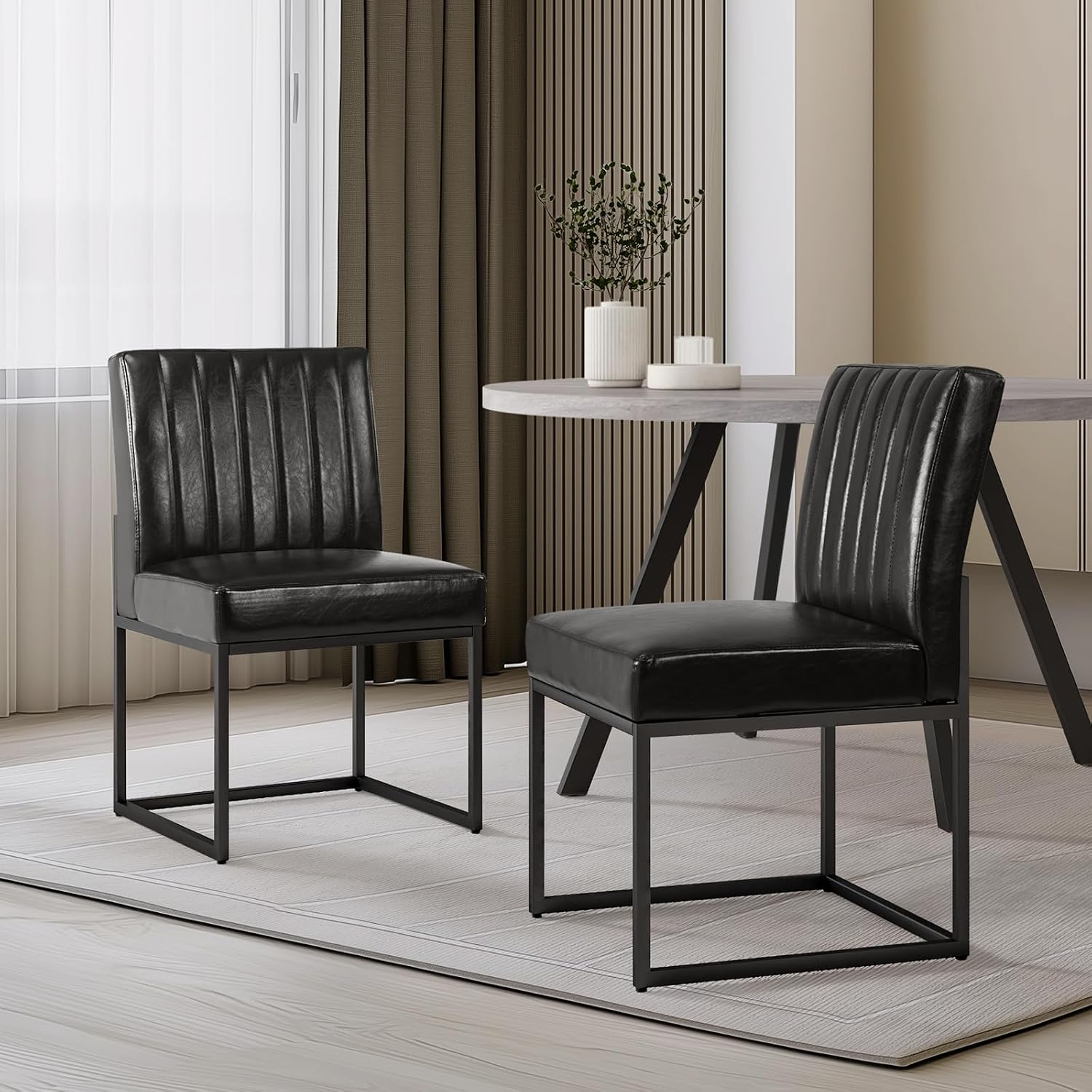 SIMTONAL Black Dining Chairs Set of 4, Modern Comfortable Upholstered Chairs, PU Leather Kitchen & Dining Room Chair with Black Finish Metal Frame
