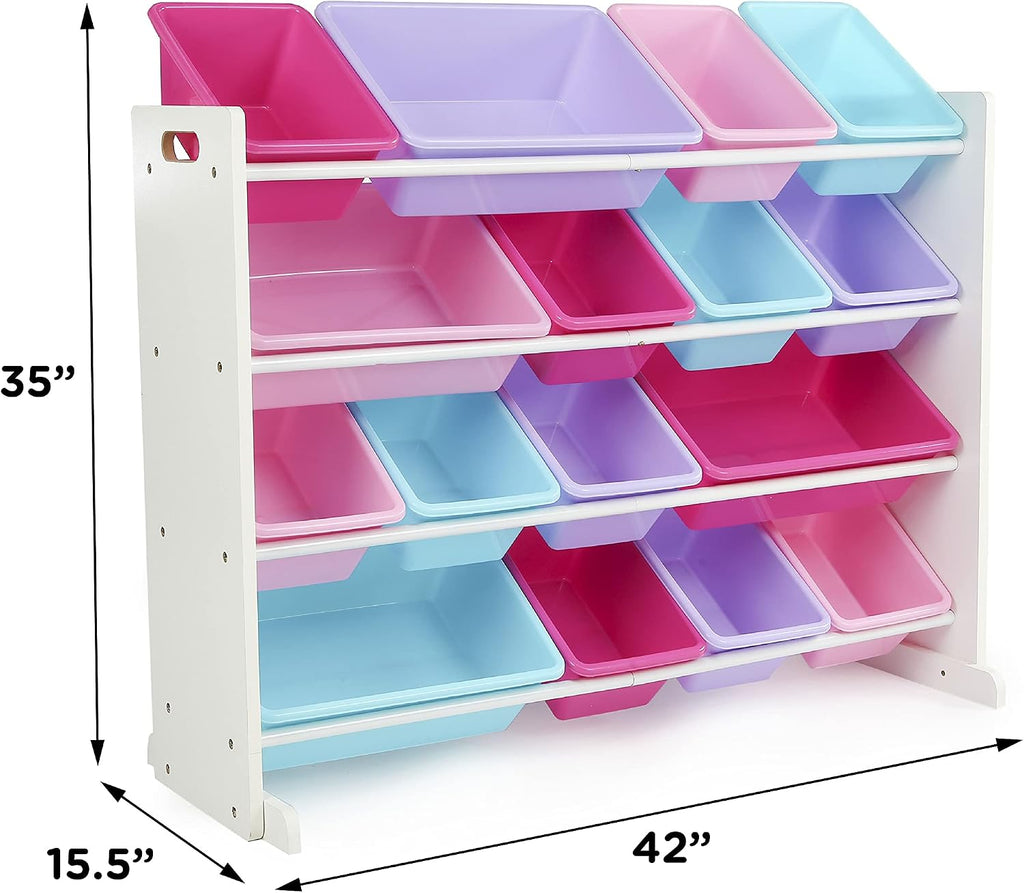 Humble Crew Tot Tutors Wood Table & 4 Chairs Set-White, Pink, Purple Forever Collection & White/Blue/Pink/Purple Extra-Large Toy Organizer, 16 Storage Bins
