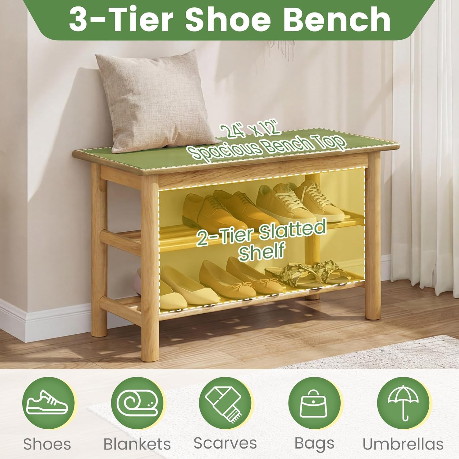 Giantex Shoe Rack Bench, 3-Tier Entryway Bench with Slat Shelves, Wooden Shoe Storage Organizer for Living Room, Front Door, Bedroom, Holds up to 485 lbs, 12 x 24 x 17 Inches