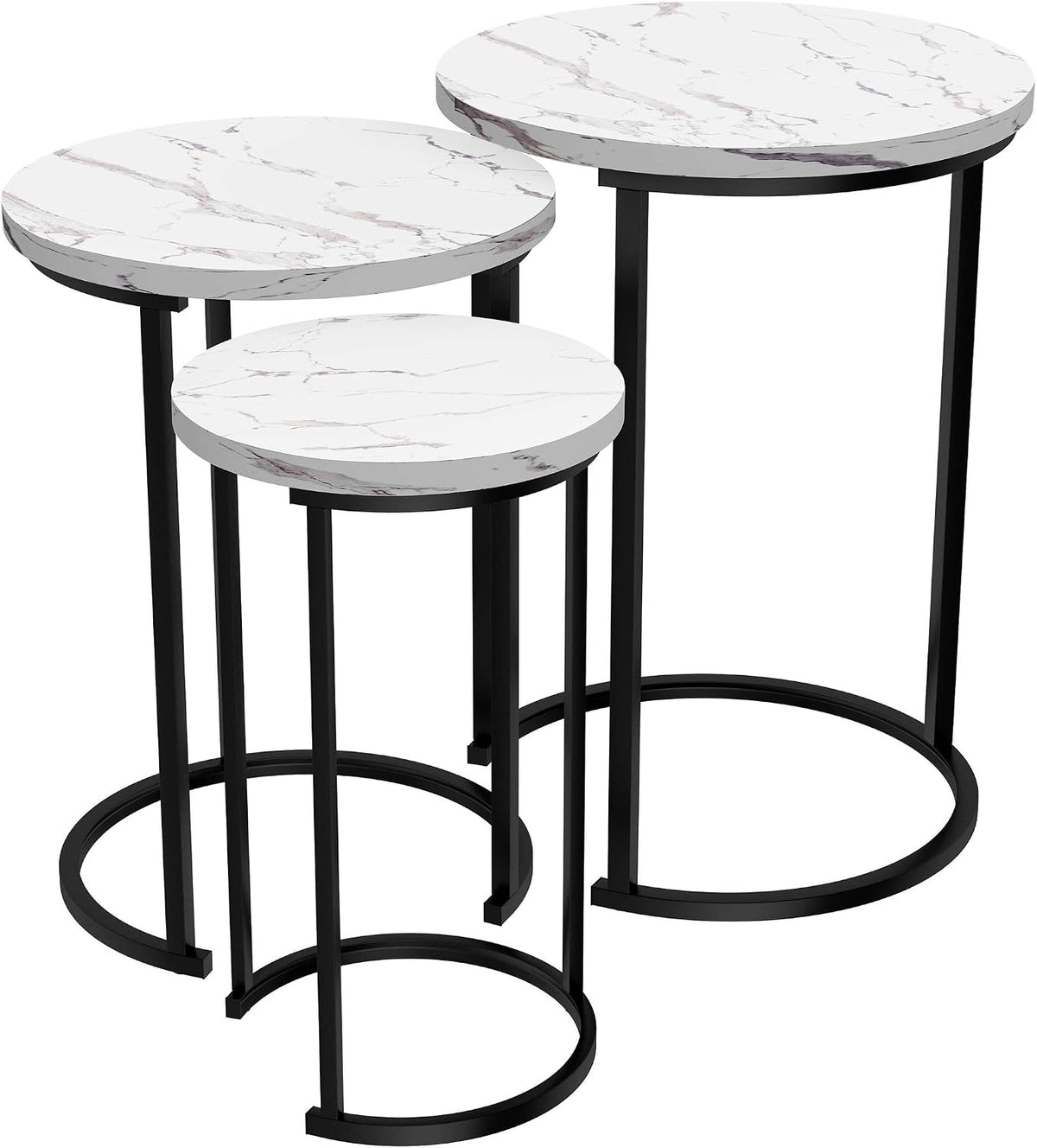 Lavish Home Round Nesting Tables Set of 3, Faux Marble Tabletop, White | 25”H / 22.5”H / 20.25”H Modern Side Tables, Space Saving Accent Table Set, for Living Room, Bedroom, Dorm or Home Office