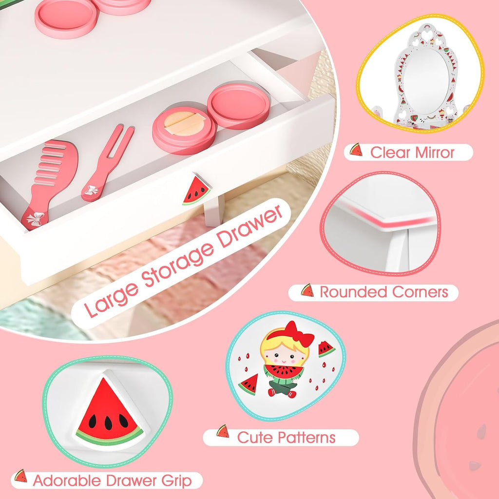 Costzon Kids Vanity, Girls Vanity Set with Mirror and Stool, Storage Drawer, Princess Toddler Makeup Vanity Desk Dressing Table, Wooden Kids Vanity Table and Chair Set (Fruit Pattern)