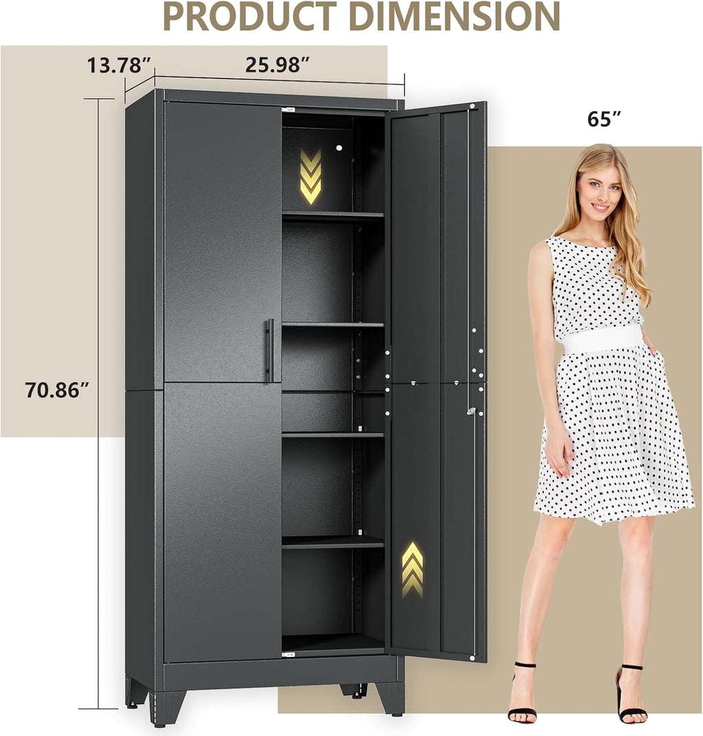PAOFIN Metal Kitchen Pantry Cabinet, 71" Tall Storage Cabinet with Lock Doors and Shelves, Freestanding Cupboard for Dining Room Living Room Furniture, Black