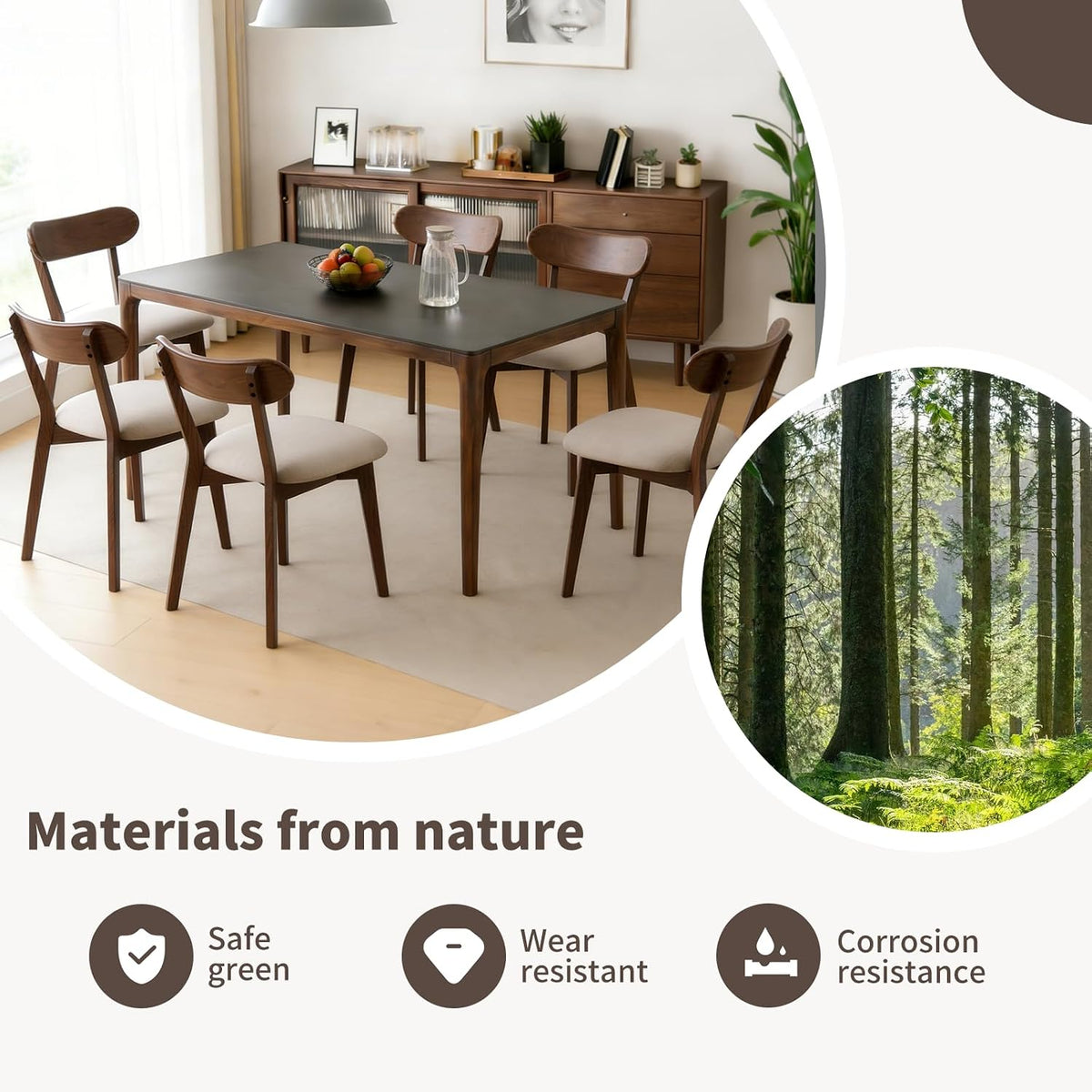 Mid Century Modern Walnut Dining Chairs Set of 4, FAS-Grade Oak, 400 lbs | Heavy-Duty Commercial Grade, Armless, Solid Curved Back, Smoked Brown Upholstered Seat, for Kitchen, Dining Room, Restaurant