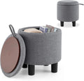 GIANTEX Round Storage Ottoman with Removable Lid & Sturdy Legs, Gray | Linen Fabric Upholstered Ottoman Foot Stool, Small Foot Rest for Living Room, Bedroom