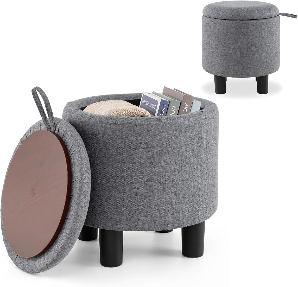GIANTEX Round Storage Ottoman with Removable Lid & Sturdy Legs, Gray | Linen Fabric Upholstered Ottoman Foot Stool, Small Foot Rest for Living Room, Bedroom