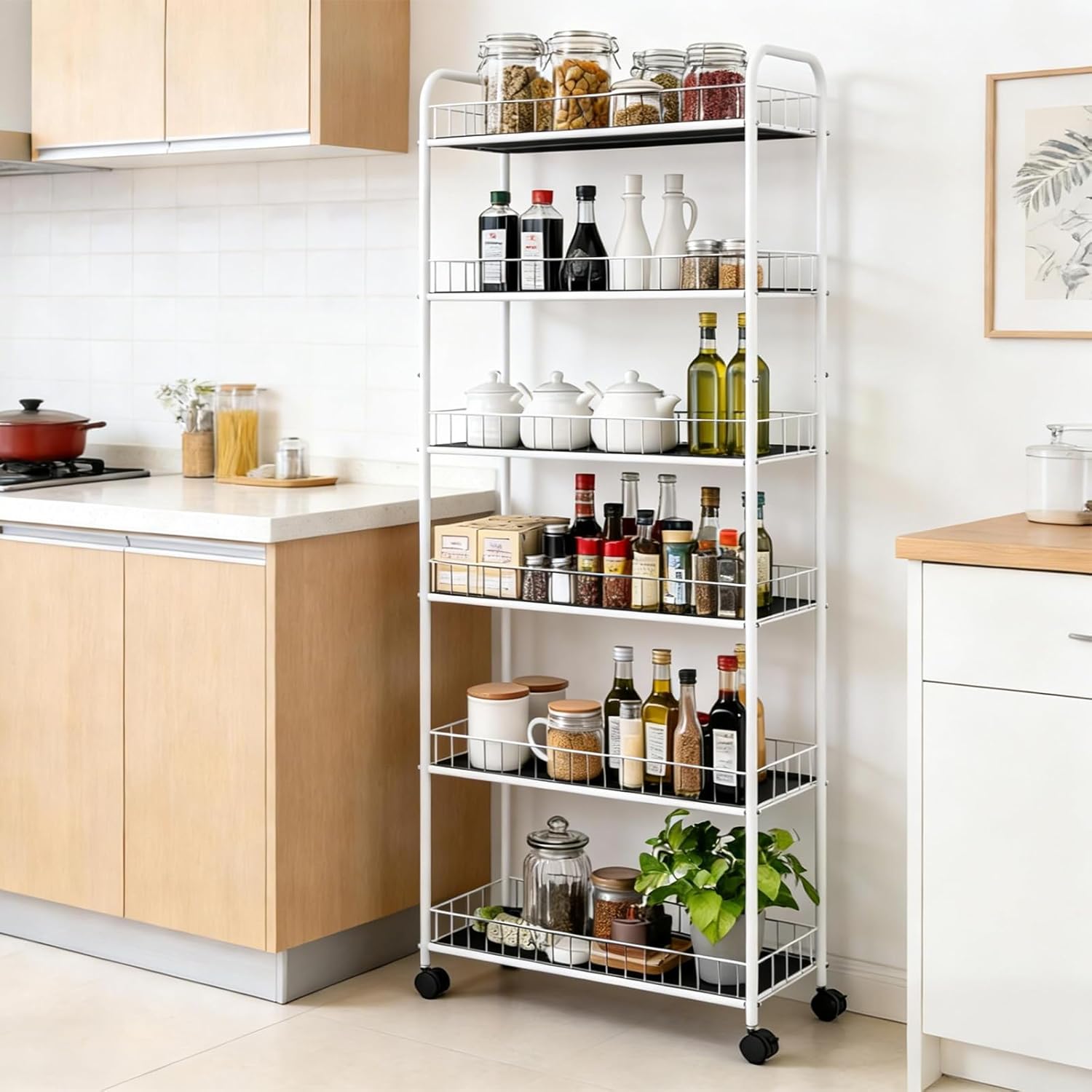 10in 6 Tier Slim Storage Cart with Wheels,White Narrow Space Rolling Shelving Unit, Metal Wire Mobile Organizer Rack for Kitchen Bathroom Office Laundry