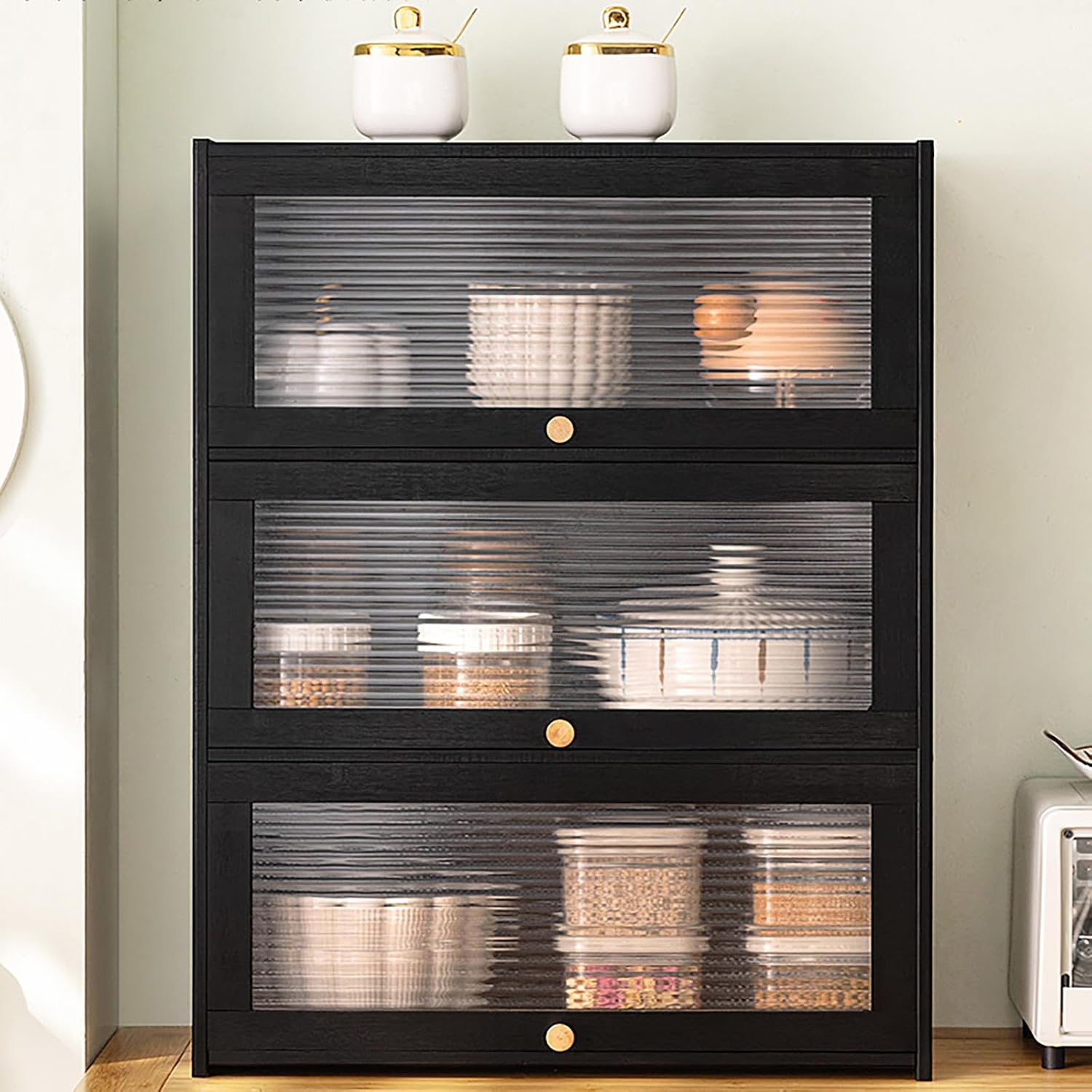 3 Tier Bamboo Kitchen Storage Shelf Countertop Cabinet Pantry, Kitchen Cabinet Spice Rack Shelf with Flip Up Doors Small Cupboard Food Pantry Cabinets