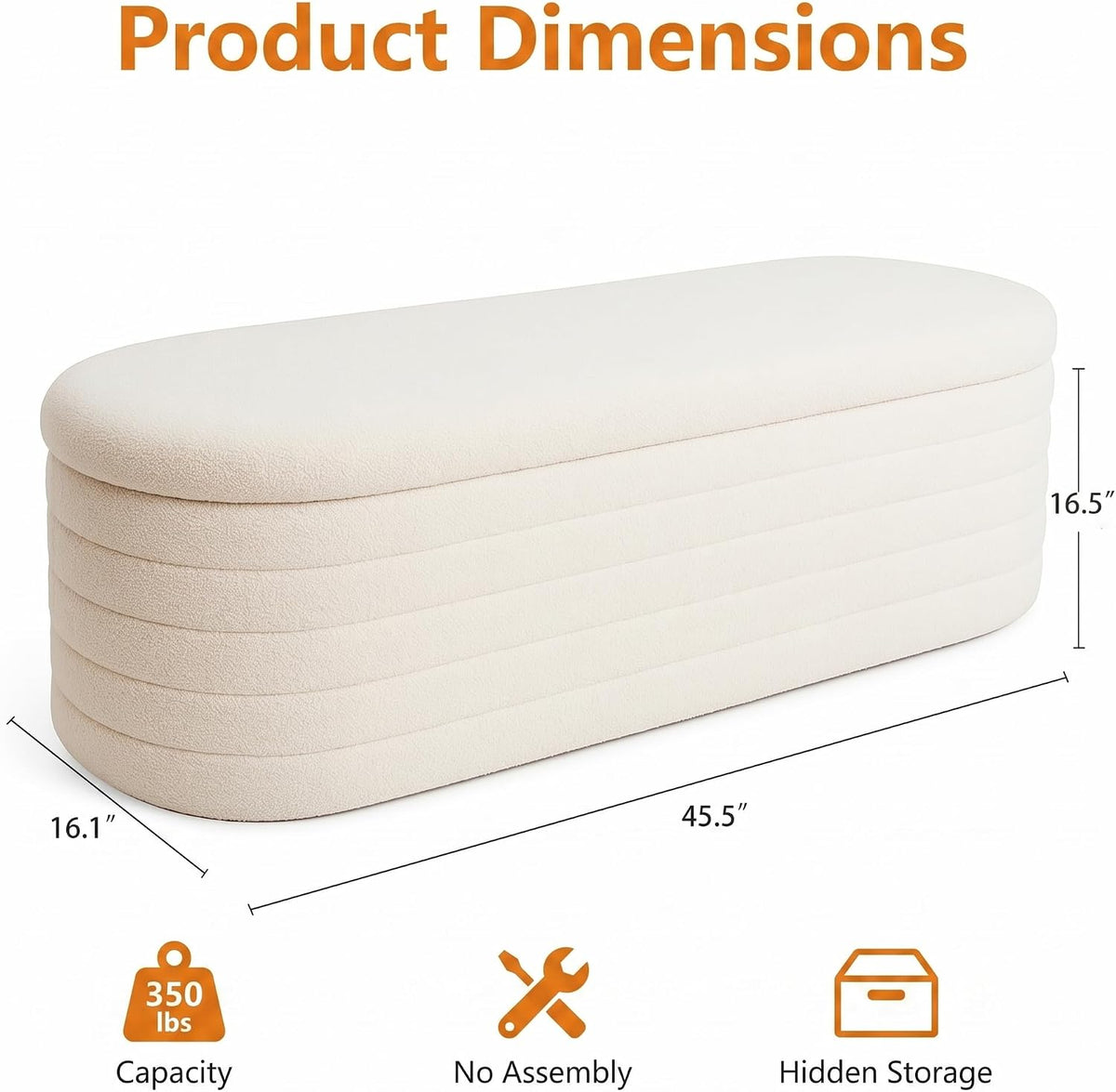 Teddy Sherpa Storage Ottoman Bench End of Bed, White | Modern Boucle, Oval Design, Safety Hinge Lid, Hidden Storage, Window Seat, Living Room, Bedroom, Entryway, No Assembly