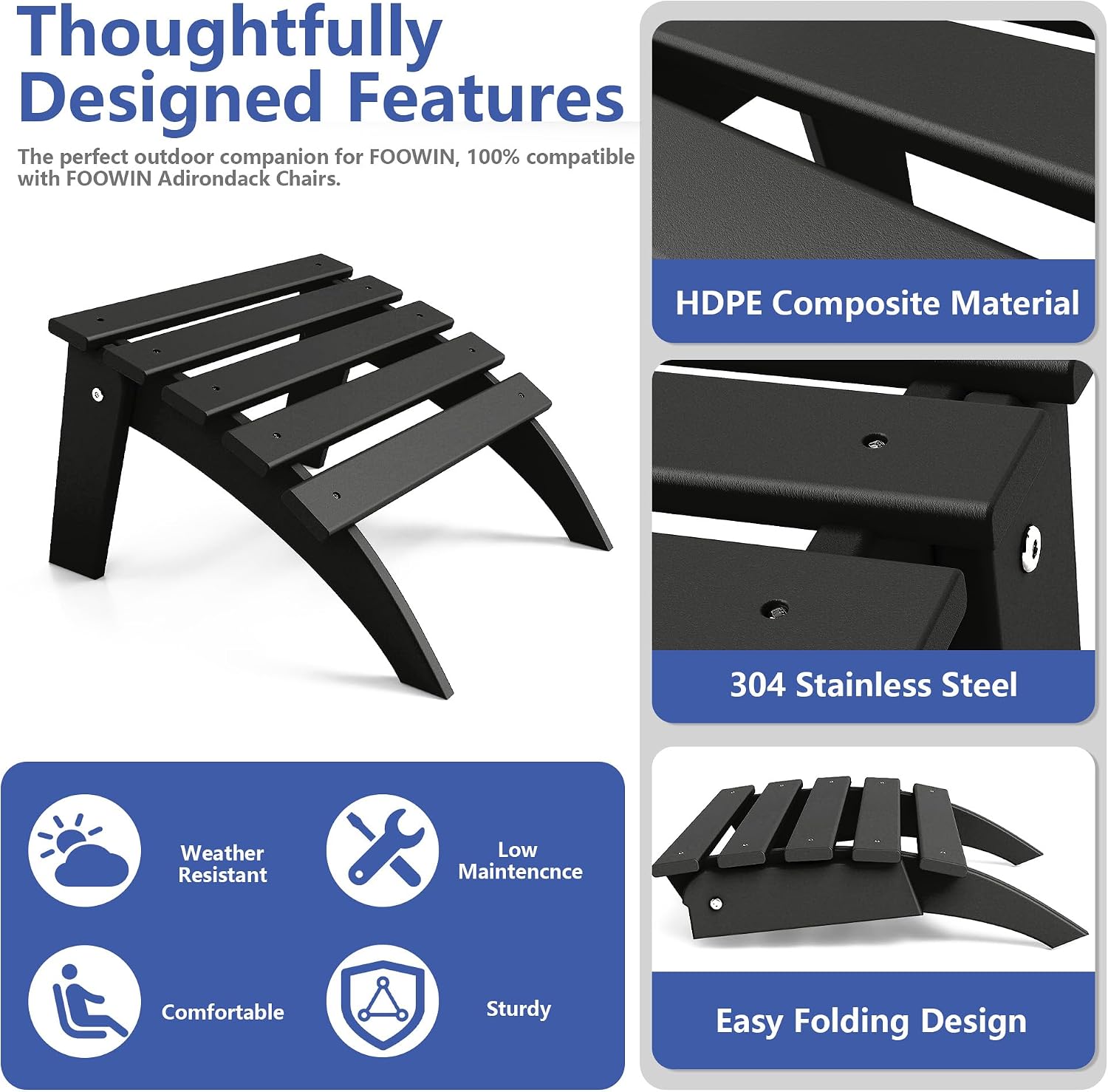 FOOWIN Folding Adirondack Ottoman Set of 4, HDPE All Weather Adirondack Footrests, Ottoman for Adirondack Chair,Patio Footstool for Outside Easy Storage,for Patio, Backyard, Porch, Garden, Black