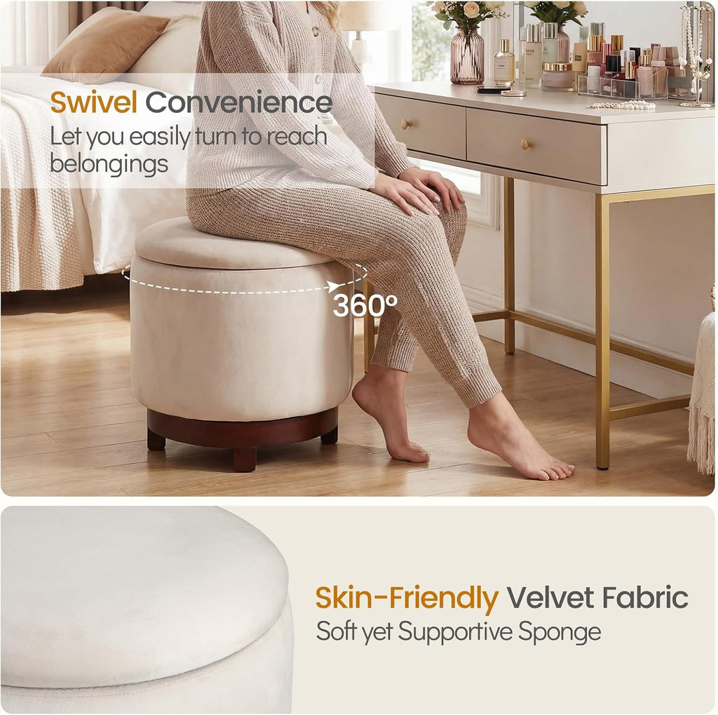 GIANTEX Round Ottoman with Storage, 360° Swivel Velvet Vanity Stool with Removable Lid, Wood Frame & Legs, Ottoman Foot Rest for Living Room, Bedroom, Makeup Room No Assembly (White & Walnut)