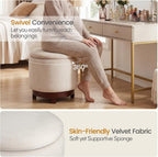 GIANTEX Round Ottoman with Storage, 360° Swivel Velvet Vanity Stool with Removable Lid, Wood Frame & Legs, Ottoman Foot Rest for Living Room, Bedroom, Makeup Room No Assembly (White & Walnut)