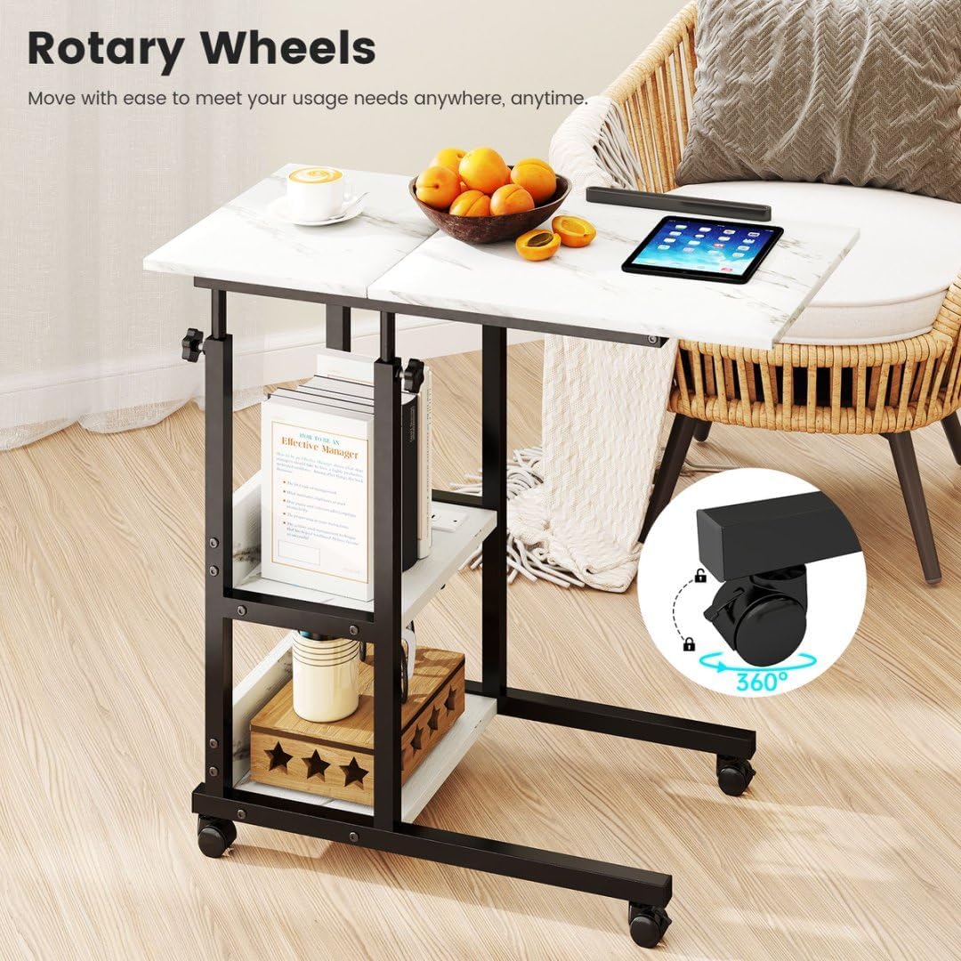 Hadulcet Adjustable C Table with Charging Station, Tiltable Desk C Shaped End Table for Couch, Over Bed Table with Wheels Adjustable Height, Hospital Table Laptop Stand Drawing Desk, Marble White