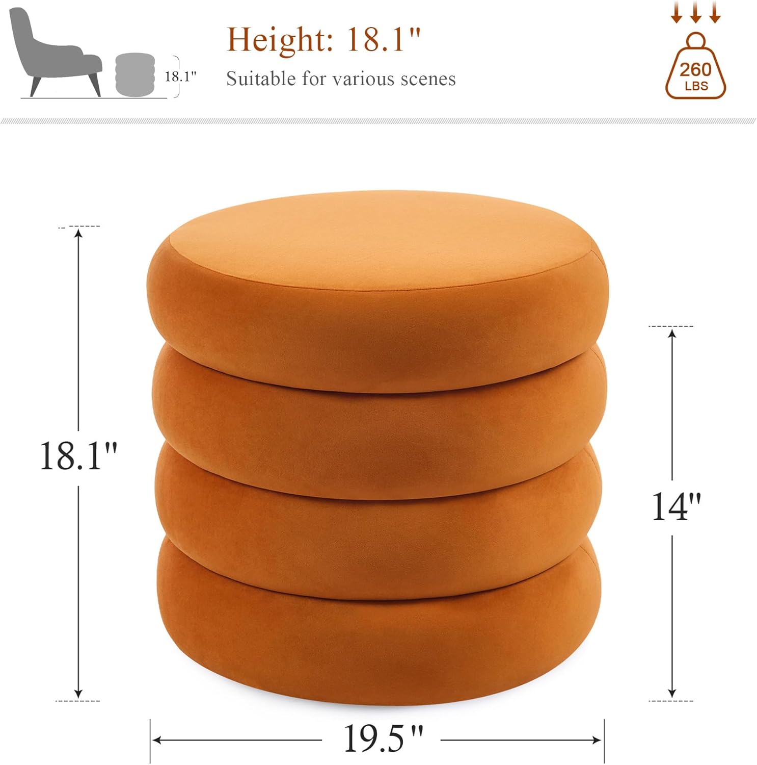 19.5 Inch Round Storage Ottoman, Modern Velvet Ottoman Coffee Table with Removable Top, Orange Vanity Stool with Storage for Bedroom, Living Room, Dorm, Set of 2
