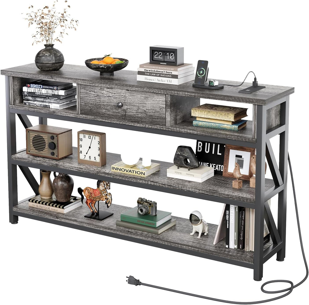 Mexin Console Table with Outlets and USB Ports, Entryway Table with Drawer Storage Shelves, Industrial Wood Hallway Sofa Table for Living Room, Couch, Foyer Table, 47 Inch Grey Oak