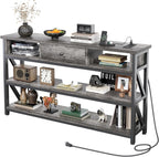 Mexin Console Table with Outlets and USB Ports, Entryway Table with Drawer Storage Shelves, Industrial Wood Hallway Sofa Table for Living Room, Couch, Foyer Table, 47 Inch Grey Oak