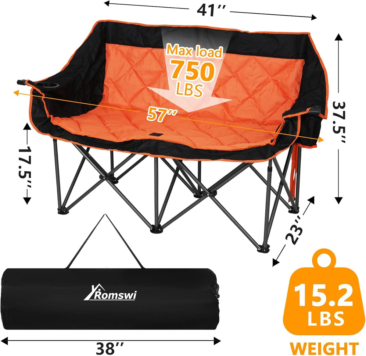 Romswi Double Camping Chair,2 Person Camping Chair Oversized Folding Loveseat,Heavy Duty Camping Couch & Outdoor Sofa with Cup Holders,Supports 750LBS Orange
