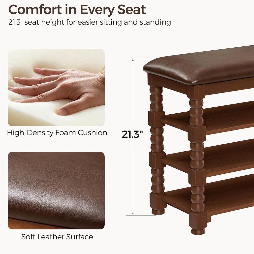 Homleke Solid Wood Shoe Storage Bench with Cushion,Classic Turned Ball Legs | 3-Tier Tall Entryway Bench with Leather Seat, Holds Up to 12 Pairs, for Hallway and Bedroom, Walnut, 39.4 Inch