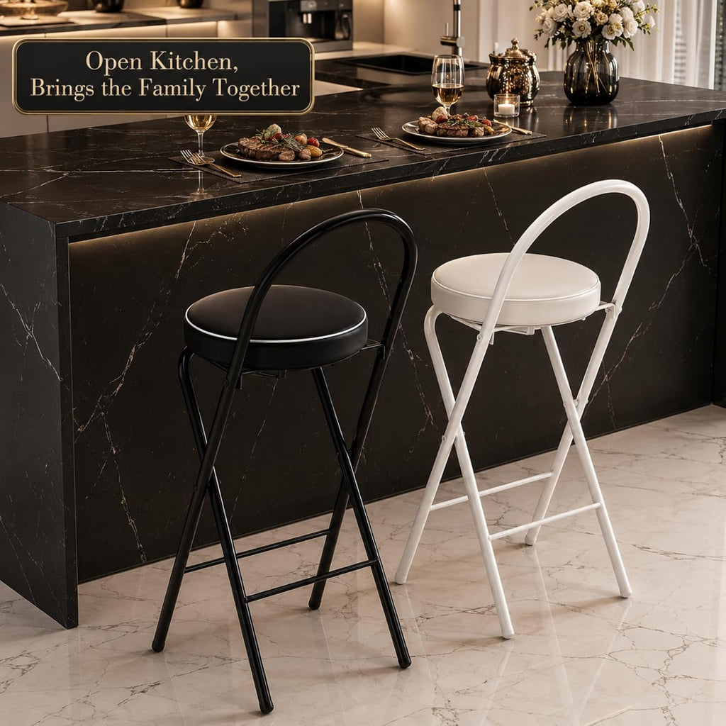 Folding Bar Stool with Backrest Counter Height Chair Padded Seat Cushion Space Saving Foldable Stool for Kitchen Island Extra Portable Indoor Seating(Black,25.6" Seat Height (65cm))