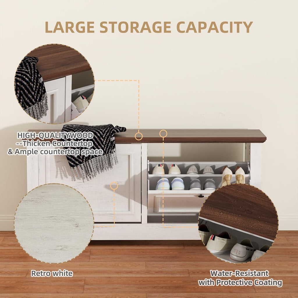 Shoe Storage Bench with Seat, Entryway Shoe Cabinet with Drawers | Flip Drawers and Hidden Storage, Comfortable Seating for Entryway, Hallway, Foyer and Small Spaces