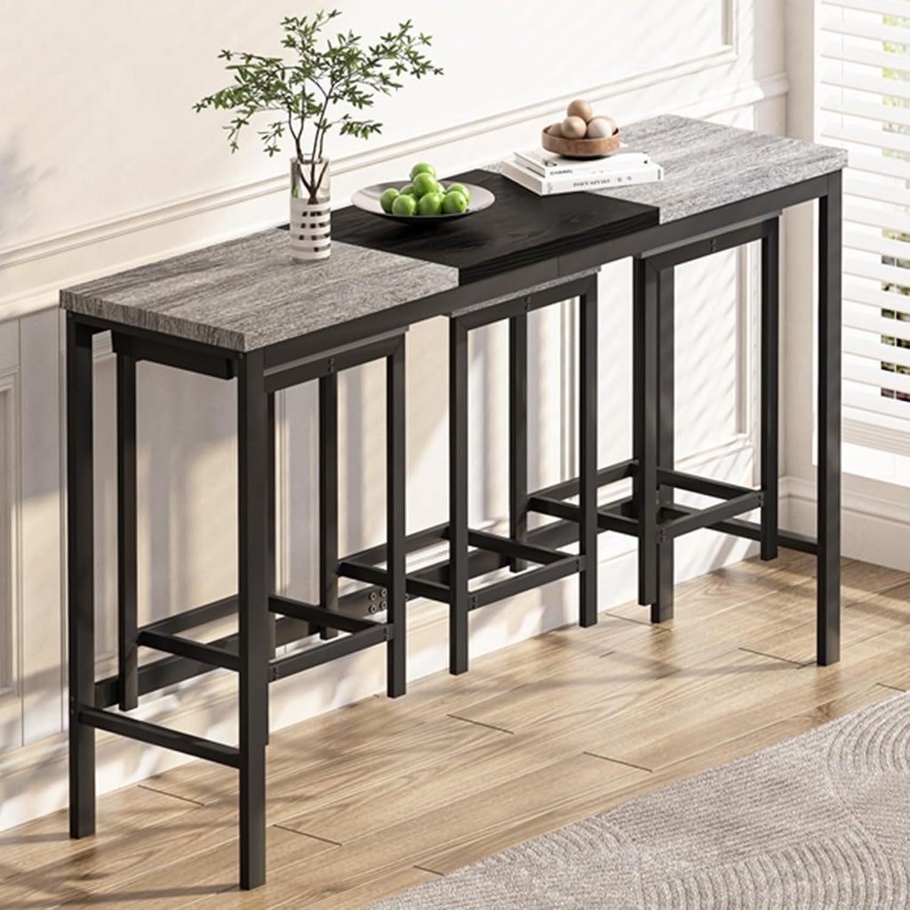 KEIKI 60.24” Long Bar High Top Dining Table and 3 Hanging Stools Chairs Set, Wood Behind Couch Sofa Counter Height Pub Furniture for Breakfast, Kitchen Living Party Room, Gery & Black