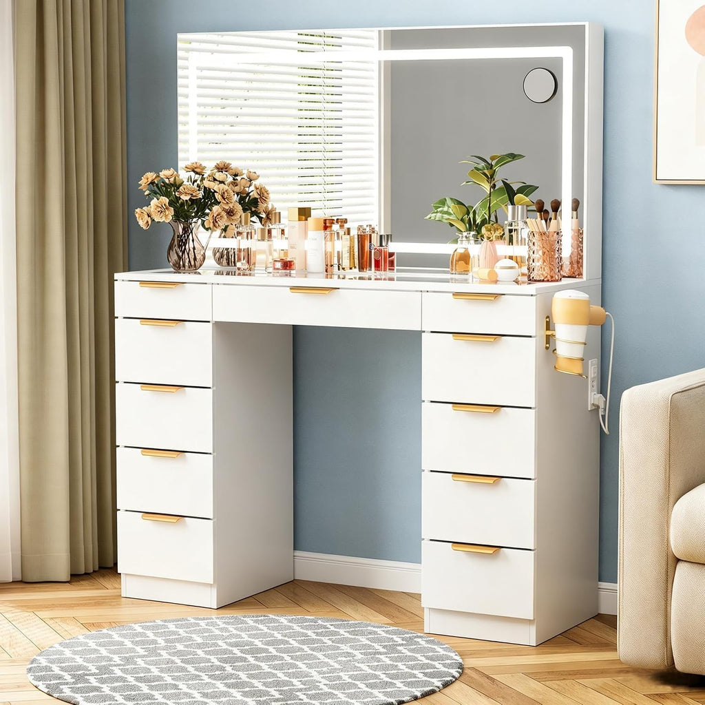 Pamapic Glass Top Vanity Desk with Mirror and Lights, 11 Drawers Makeup Vanity with Charging Station, Golden Handles Dressing Table, 3 Lighting Modes Makeup Table, White