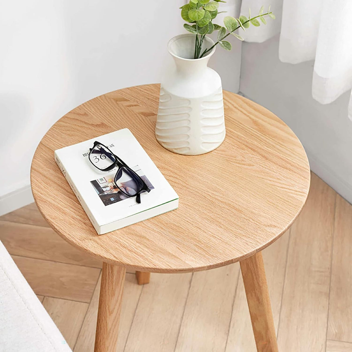 Round End Table for Living Room Coffee Side Table, Durable All Natural Solid Oak Wood Side Table for Living Room, Bedroom, Balcony, Easy to Maintain (Natural)