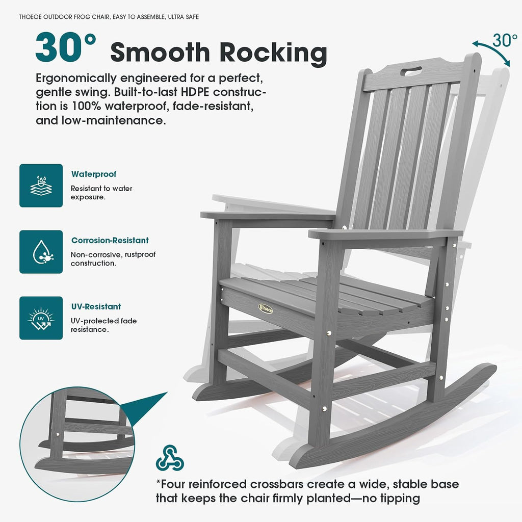 THOEOE Outdoor Rocking Chairs, Oversized Patio Rocking Chair | HDPE Outdoor Rockers for Front Porch, Patio, Backyard, Balcony and Garden. All-Weather High Back Design, Gray